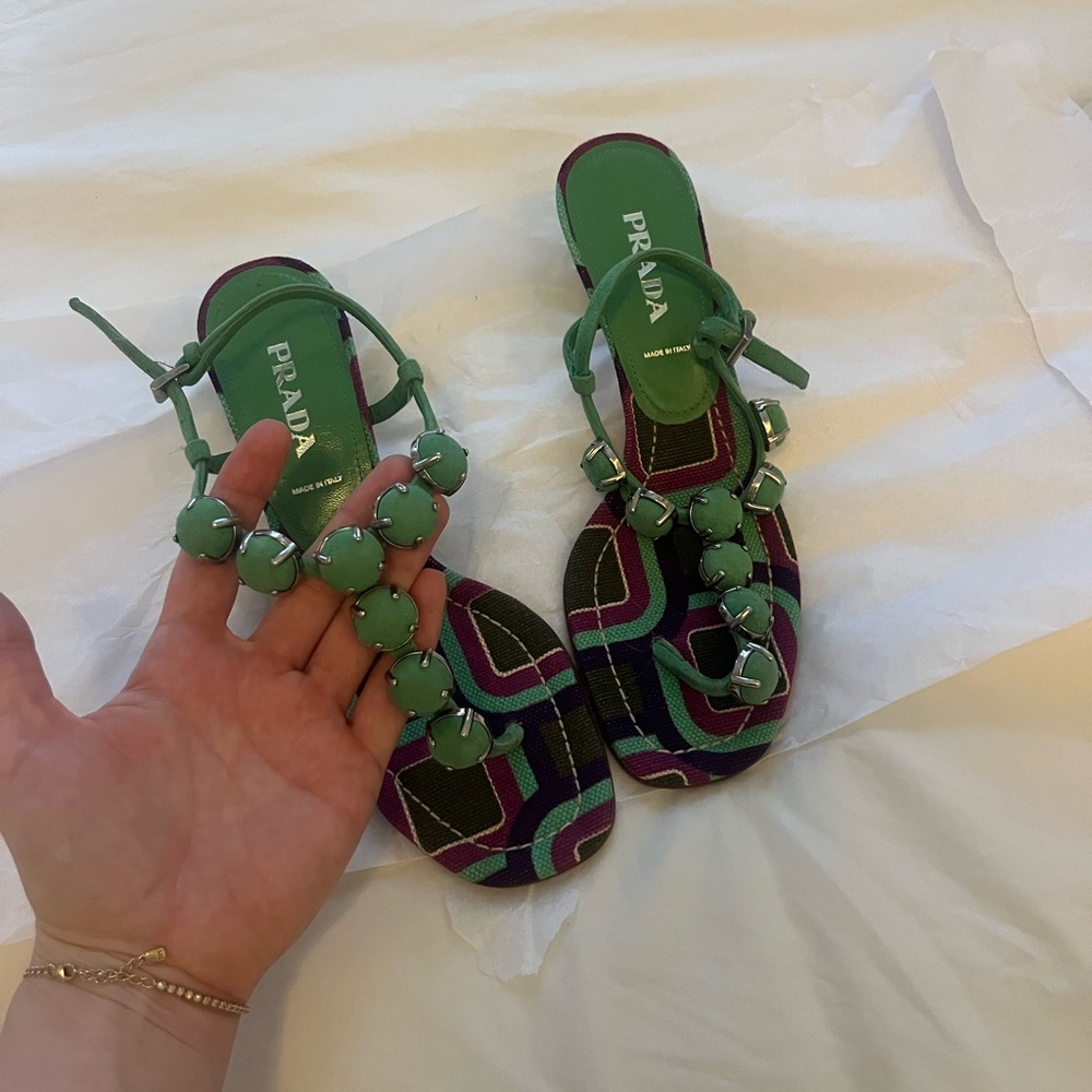 Prada Green Suede Kitten Heel Sandals - Picture 2 of 10